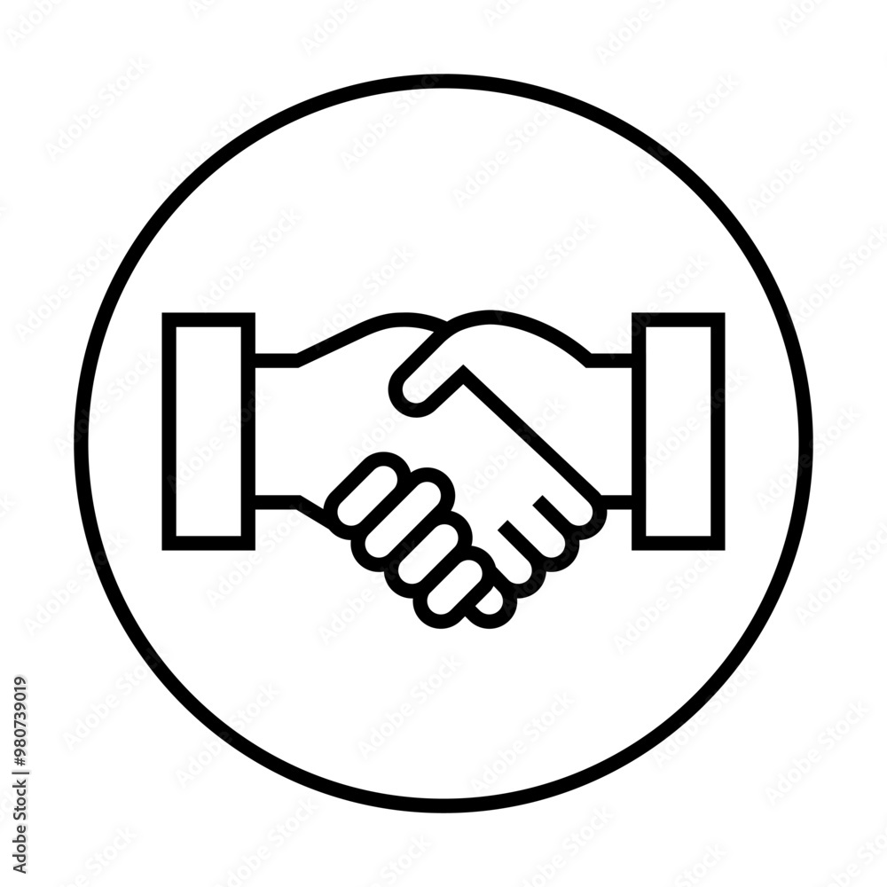 Two hands shaking inside a circular border, representing cooperation. Ideal for business, partnerships, agreements, teamwork, mutual understanding. Black and white, line art, minimalistic. Two hands shaking inside a circular border, representing cooperation. Ideal for business, partnerships, agreements, teamwork, mutual understanding. Black and white, line art, minimalistic.
