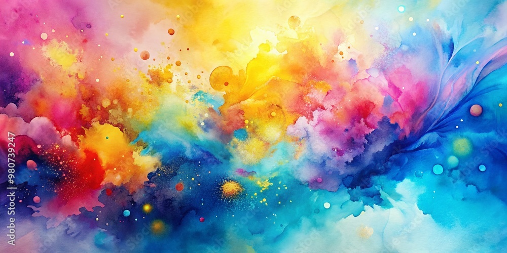 Vibrant abstract watercolor background with expressive splashes of blue, pink, and yellow hues blending together in a whimsical, dreamy, and ethereal composition. Vibrant abstract watercolor background with expressive splashes of blue, pink, and yellow hues blending together in a whimsical, dreamy, and ethereal composition.
