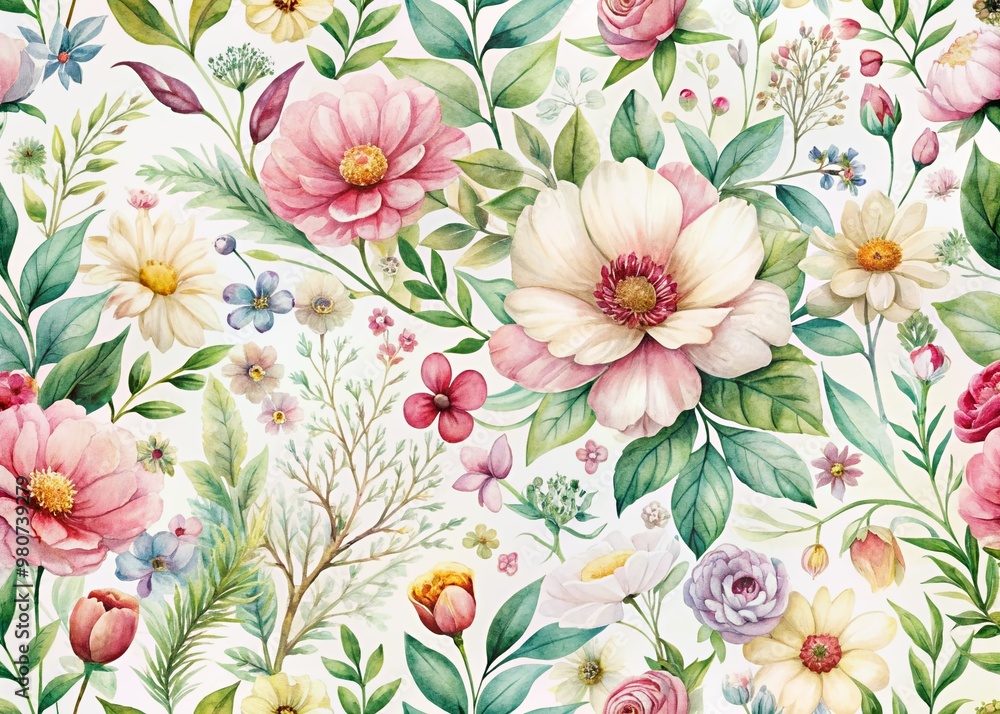 Delicate blooming flowers and lush greenery intertwined in soft, blended colors, creating a romantic, whimsical, and elegant seamless watercolor floral pattern for design backgrounds. Delicate blooming flowers and lush greenery intertwined in soft, blended colors, creating a romantic, whimsical, and elegant seamless watercolor floral pattern for design backgrounds.