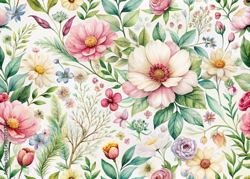 Delicate blooming flowers and lush greenery intertwined in soft, blended colors, creating a romantic, whimsical, and elegant seamless watercolor floral pattern for design backgrounds.