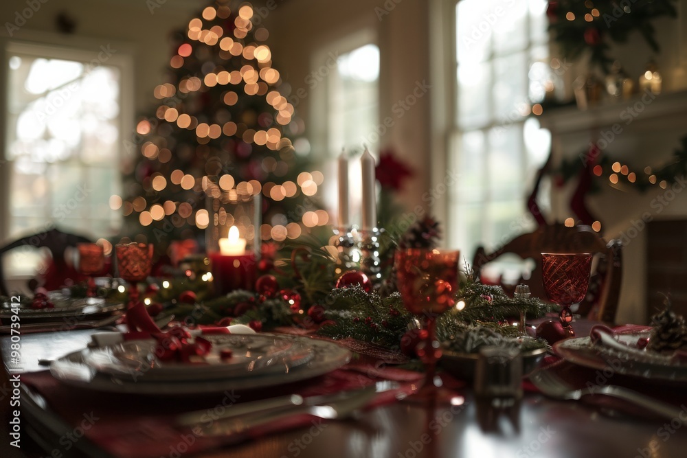 Picture a beautifully adorned Christmas dinner table, softly lit by candlelight, creating a warm and inviting ambiance for festive gatherings with loved ones to celebrate the holiday season together Picture a beautifully adorned Christmas dinner table, softly lit by candlelight, creating a warm and inviting ambiance for festive gatherings with loved ones to celebrate the holiday season together