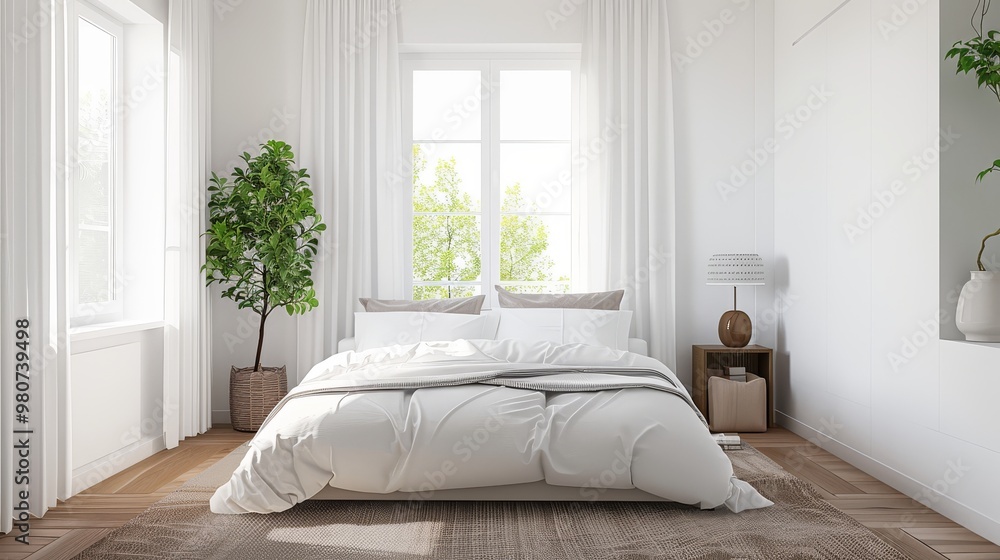 Fototapeta premium Bedroom with double bed, white light interior design
