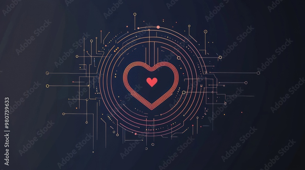 Fototapeta premium Heart of Technology - Minimalistic design with a heart icon surrounded by digital elements symbolizing the convergence of technology and love.