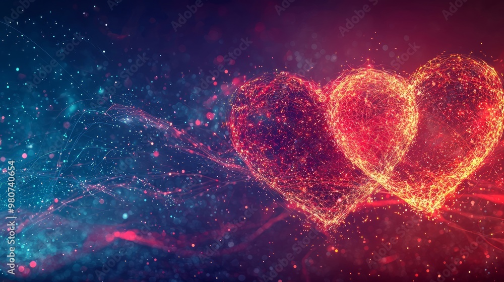 Digital Love Connection: Glowing Hearts Linked by Light Beam Symbolizing Online Romance Digital Love Connection: Glowing Hearts Linked by Light Beam Symbolizing Online Romance