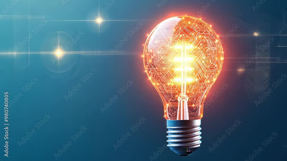 A glowing light bulb with a modern design, illuminating a dark background A glowing light bulb with a modern design, illuminating a dark background