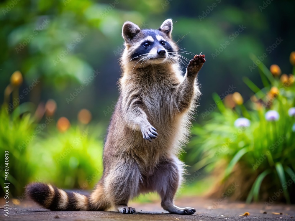 Obraz premium A curious raccoon stands on its hind legs, deftly flipping a shiny object with its front paws, showcasing