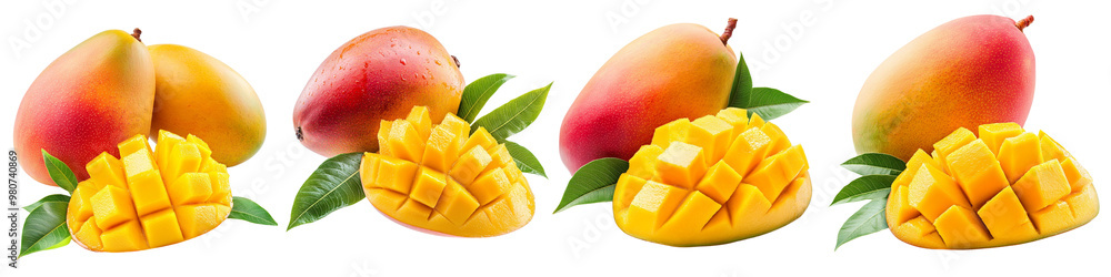 set of A Isolated mango with sliced fruit and leaves on a transparent background set of A Isolated mango with sliced fruit and leaves on a transparent background