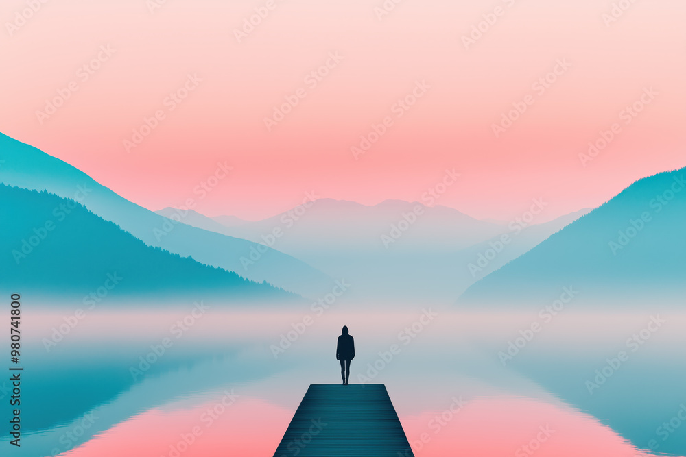 Person standing on dock at peaceful lake during pastel sunrise surrounded by mountains Person standing on dock at peaceful lake during pastel sunrise surrounded by mountains