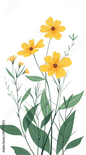 A simple illustration of a yellow flower bouquet with green leaves.