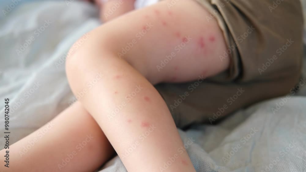 Doctor examining child with bodily red rash. Kid allergy closeup. Little baby scratches an eruption. Nurse applies special cream to atopic skin. Dermatitis, irritation, hive. Pruritus. Mosquito bites Doctor examining child with bodily red rash. Kid allergy closeup. Little baby scratches an eruption. Nurse applies special cream to atopic skin. Dermatitis, irritation, hive. Pruritus. Mosquito bites