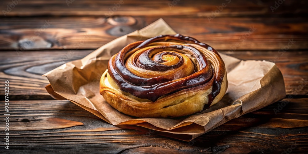 A delicate, golden-brown pastry swirls with rich, dark chocolate, wrapped in transparent wrapping, sitting on a rustic A delicate, golden-brown pastry swirls with rich, dark chocolate, wrapped in transparent wrapping, sitting on a rustic