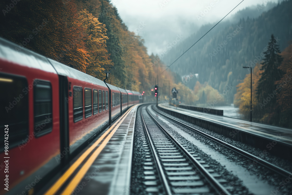 Obraz premium Red train traveling on railway tracks through forest in misty autumn scenery
