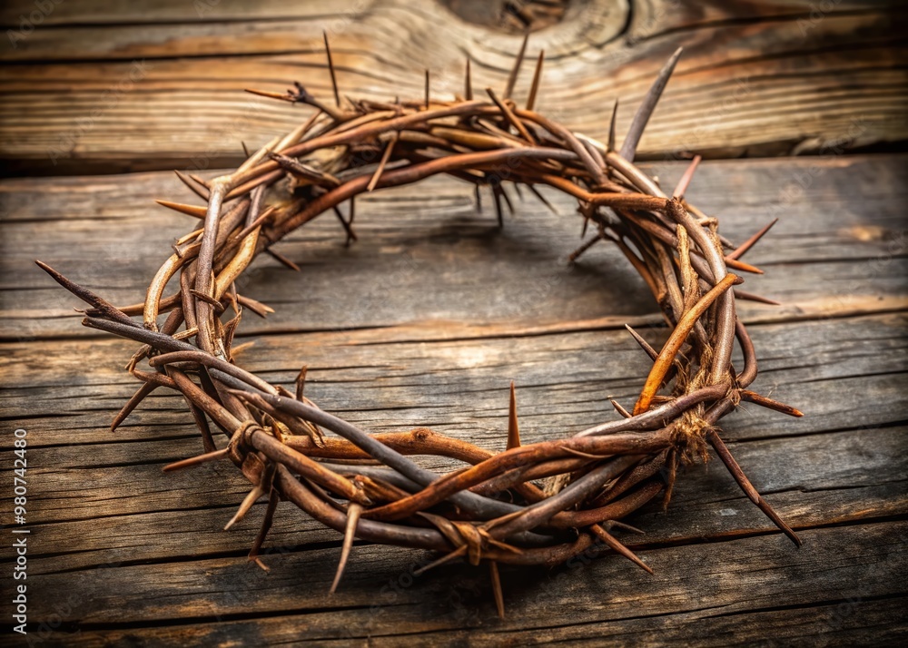 Fototapeta premium A delicate, intricately woven circle of twisted thorns, symbolizing sacrifice and spiritual devotion, rests gently on a
