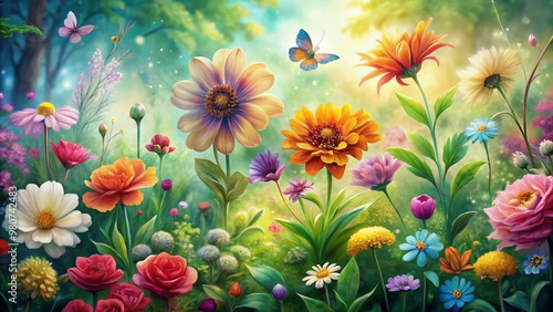 Vibrant whimsical garden scene bursting with colorful blooming flowers, delicate petals, and lush greenery, beautifully illustrated in soft, dreamy watercolor style.