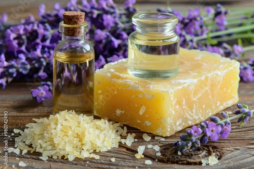 Homemade natural herbal soap and essential massage oils with lavender on rustick wooden table photo