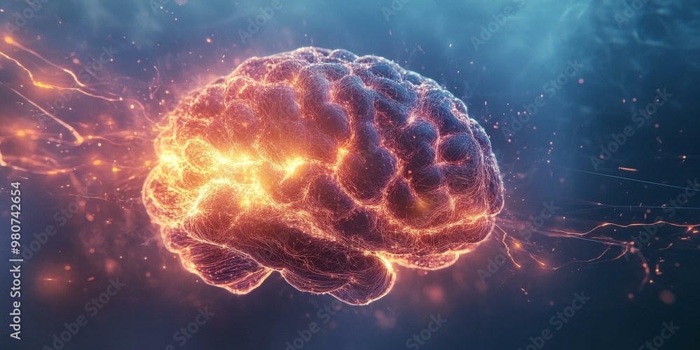 Obraz premium Glowing brain with sparks and lines.