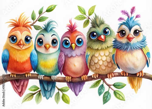 Colorful set of six adorable watercolor cartoon birds with unique personalities, perched on branches, featuring vibrant feathers and expressive eyes on transparent background.