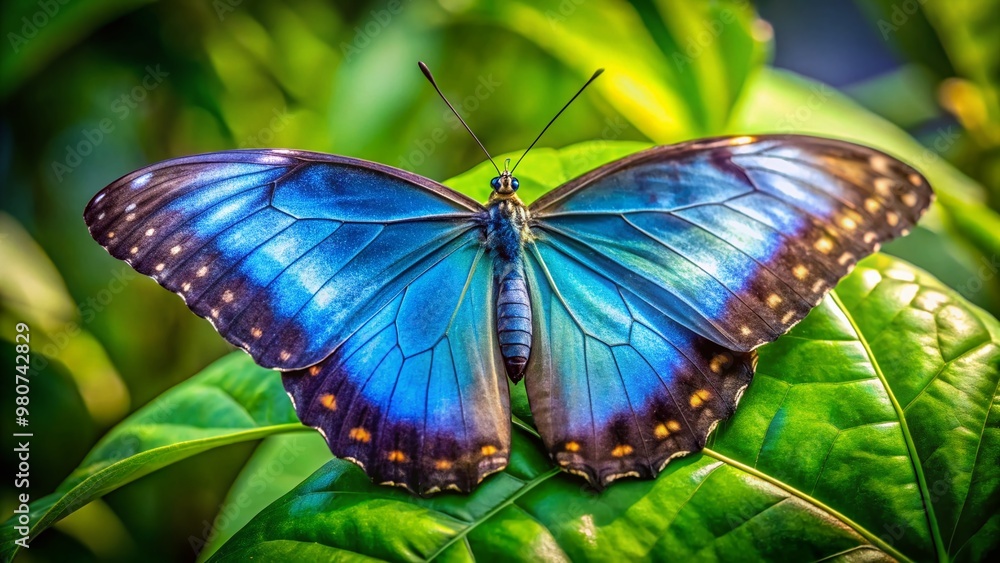 Naklejka premium A delicate blue morpho butterfly perches on a vibrant green leaf, its iridescent wings glimmering in the sunlight,
