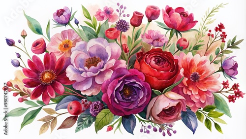 Fototapeta Naklejka Na Ścianę i Meble -  Vibrant handmade watercolor flowers in various shades of red, purple, and pink arranged in a beautiful bouquet against a soft white background.