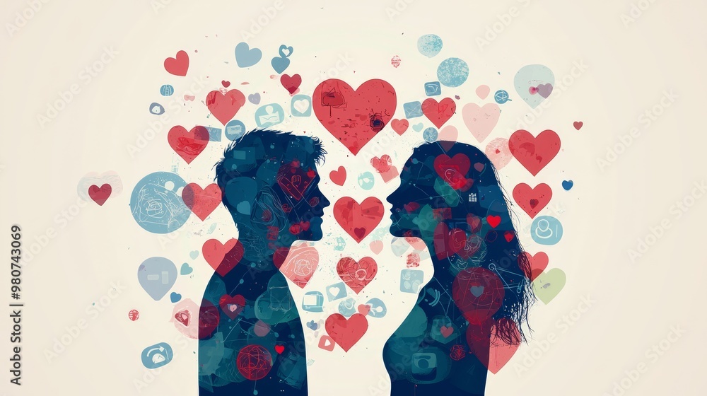 Digital Love Connection: Minimalistic Silhouettes Surrounded by Heart Icons Digital Love Connection: Minimalistic Silhouettes Surrounded by Heart Icons