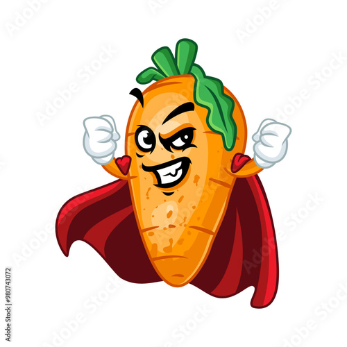 A cartoon carrot superhero with a red cape, flexing its muscles and smiling confidently.