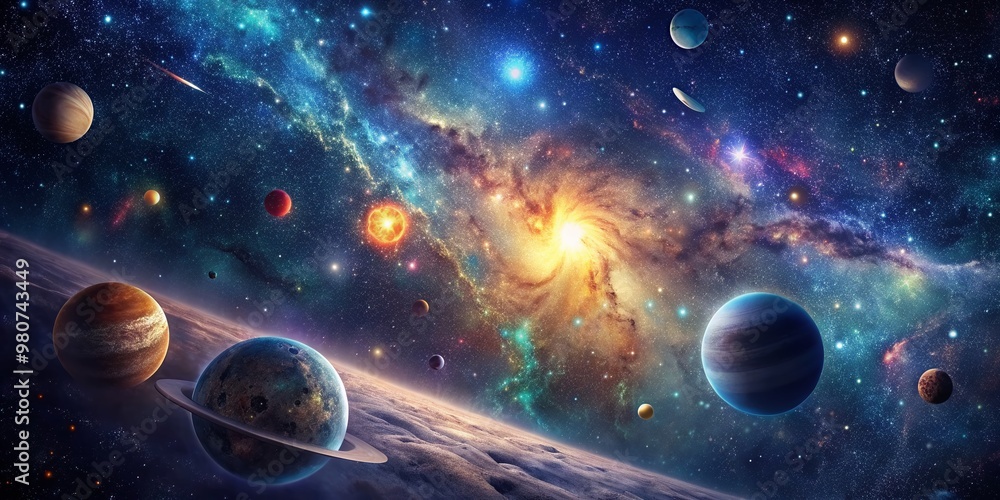 Mysterious dark interstellar space sprawls behind a vibrant starry night sky, filled with twinkling stars, planets, and celestial bodies in a majestic cosmic display. Mysterious dark interstellar space sprawls behind a vibrant starry night sky, filled with twinkling stars, planets, and celestial bodies in a majestic cosmic display.