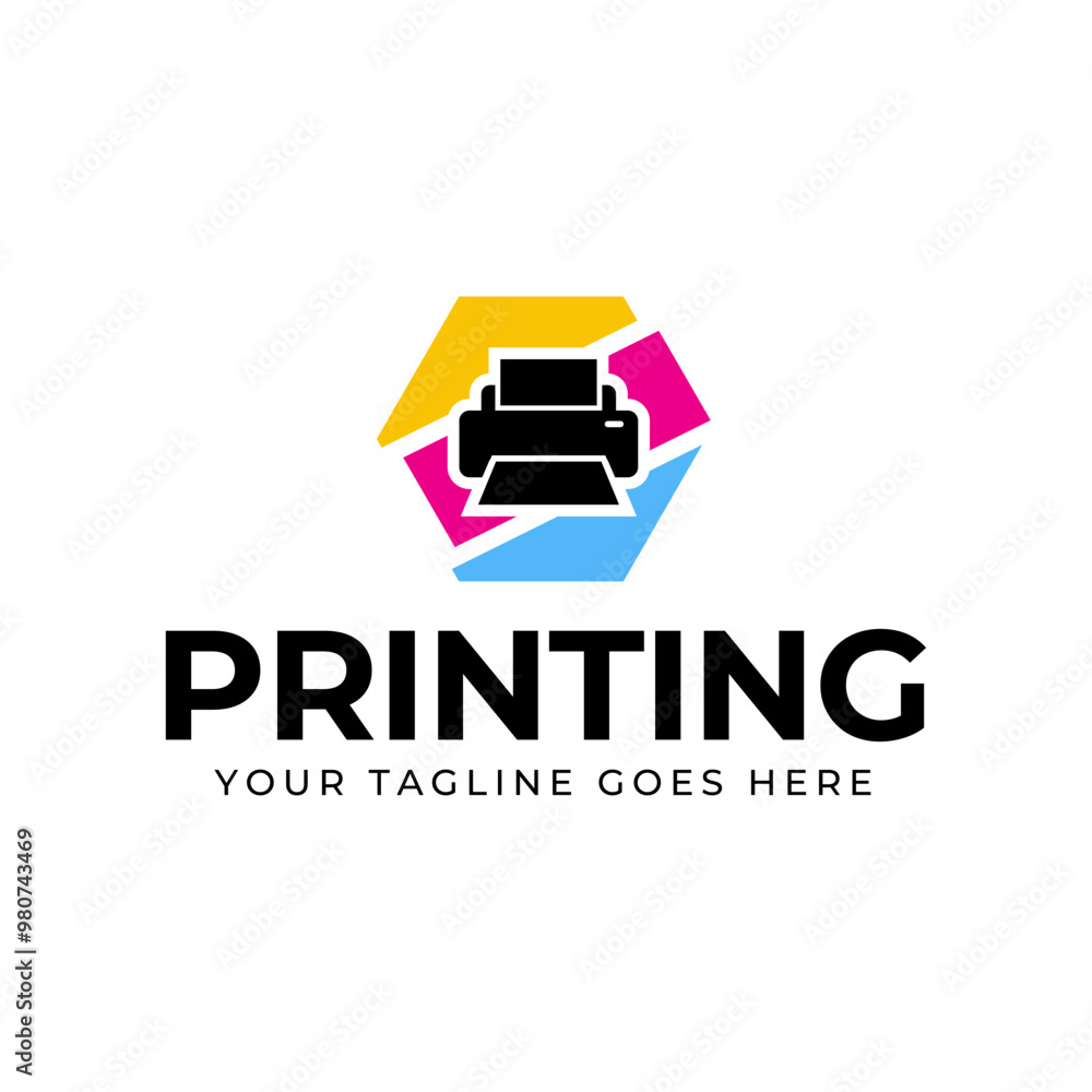Printing company logo design with printer graphics illustration with cyan, magenta, yellow, and black color. Printing company logo design with printer graphics illustration with cyan, magenta, yellow, and black color.