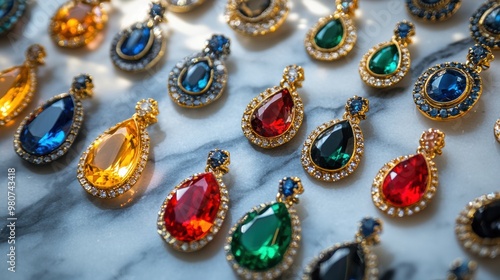 Wallpaper Mural lavish jewelry banner showcasing exotic gemstone earrings on a marble surface, perfect for statement jewelry crafts Torontodigital.ca