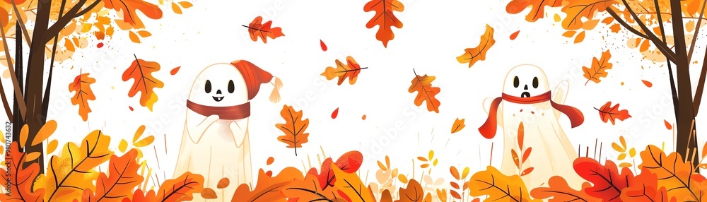 Ghost in autumn clothes, surrounded by fall leaves, flat design illustration Ghost in autumn clothes, surrounded by fall leaves, flat design illustration