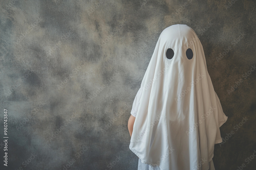Funny halloween character person or animal wearing white blanket pretending scary ghost, Generative AI Funny halloween character person or animal wearing white blanket pretending scary ghost, Generative AI
