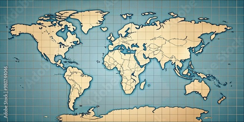 A detailed illustration of a blank world map with country borders, oceans, and subtle grid patterns, providing a