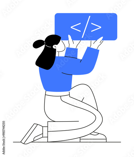 A woman kneels while holding a code sign above her head. Ideal for coding, programming, software development, web development, technology, and education themes. Minimalist vector style.