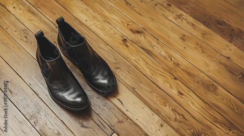 A pair of black leather ankle boots on a wooden floor.