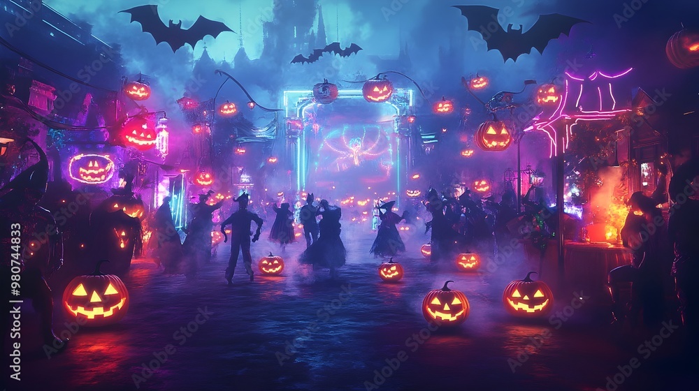 Spooky Halloween Dance Party with Costumed Revelers and Glowing Neon Lighting