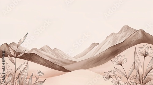 Fototapeta Naklejka Na Ścianę i Meble -  A minimalist illustration of mountains and flowers in soft brown hues.