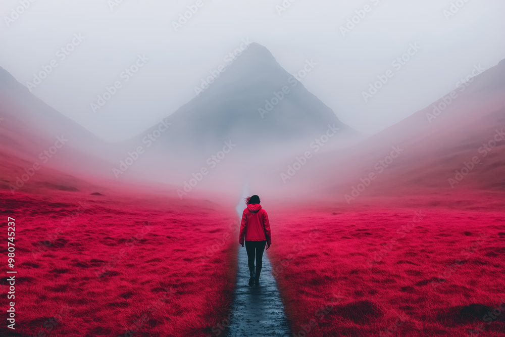 Person walking towards a foggy mountain peak in a surreal red landscape Person walking towards a foggy mountain peak in a surreal red landscape