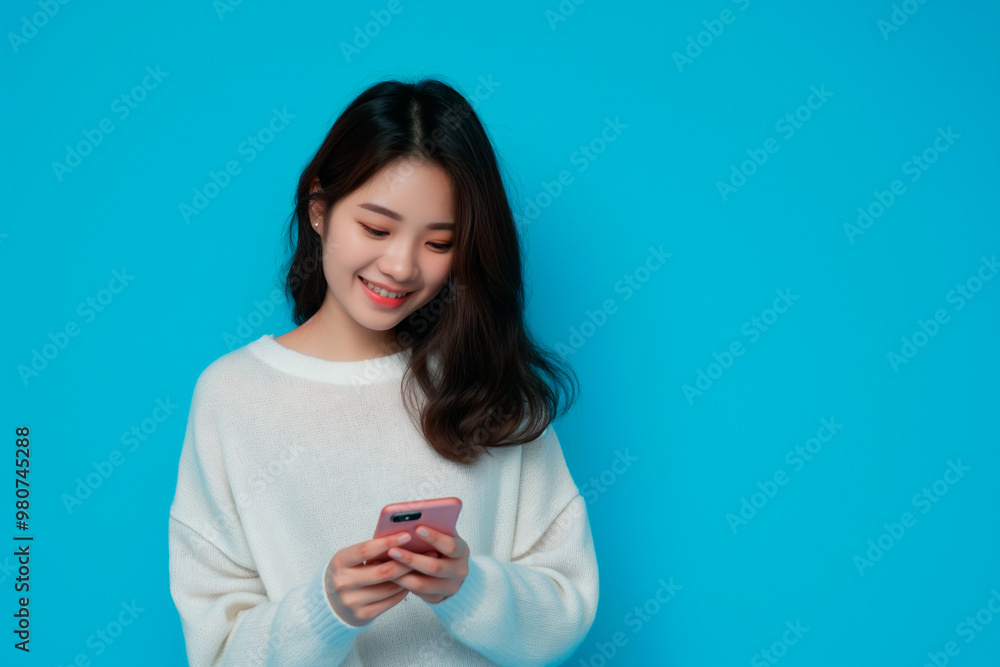 smiling asian woman looking at her phone, commercial studio photo with plain blue background smiling asian woman looking at her phone, commercial studio photo with plain blue background