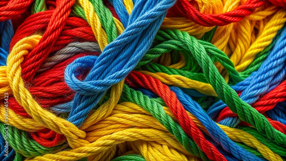 Vibrant, twisted threads of red, yellow, blue, and green yarn fill the frame in a mesmerizing, textured close-up, evoking a sense of creativity and craft. Vibrant, twisted threads of red, yellow, blue, and green yarn fill the frame in a mesmerizing, textured close-up, evoking a sense of creativity and craft.