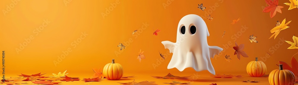 3D ghost, in detailed autumn attire, flat design illustration 3D ghost, in detailed autumn attire, flat design illustration