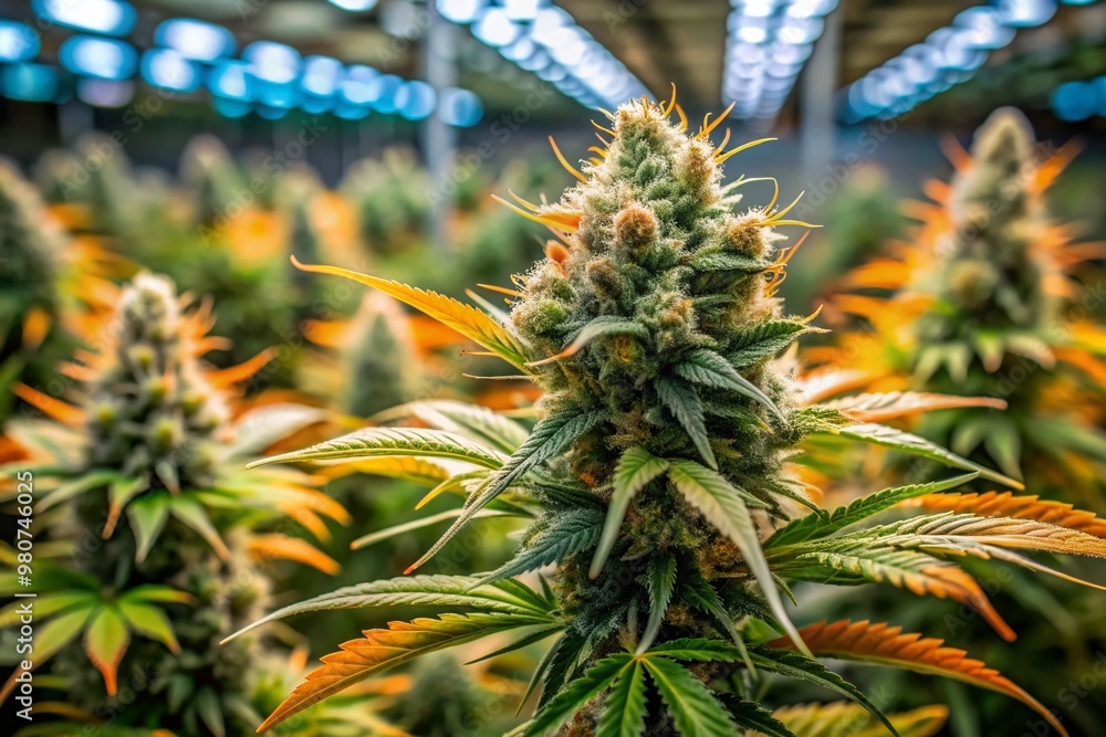 Close-up of fresh green marijuana buds with trichomes and orange hairs held in a hand against a blurred indoor grow operation background, showcasing cultivation. Close-up of fresh green marijuana buds with trichomes and orange hairs held in a hand against a blurred indoor grow operation background, showcasing cultivation.