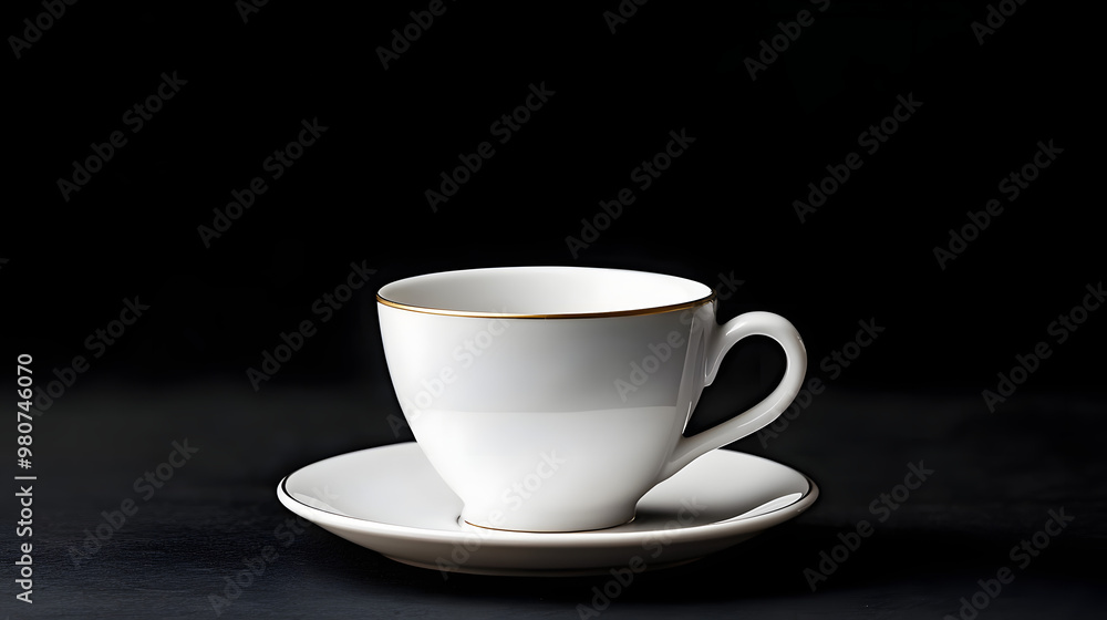 Single porcelain coffee cup and saucer on black background, minimalist composition. Single porcelain coffee cup and saucer on black background, minimalist composition.