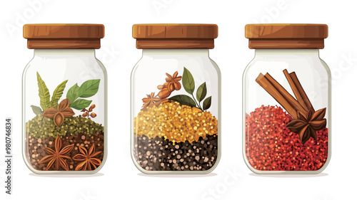 Spices and herbs in glass jars isolated on white background. Vector illustration.