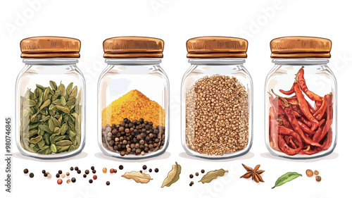 Set of spices in glass jars isolated on white background. Vector illustration..