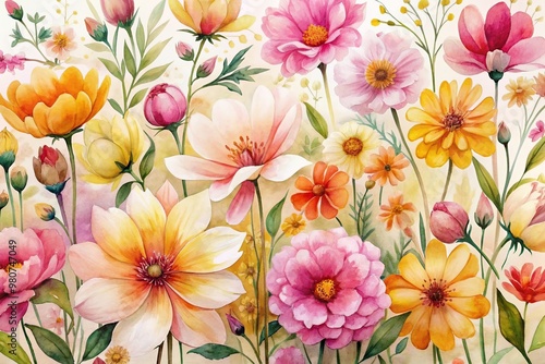 Delicate, vibrant watercolor flowers in shades of pink, yellow, and orange bloom against a crisp white background, evoking feelings of serenity and beauty.