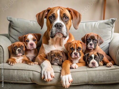 Adorable boxer dog surrounded by playful puppies, all cuddled up together on a cozy couch, capturing a heartwarming
