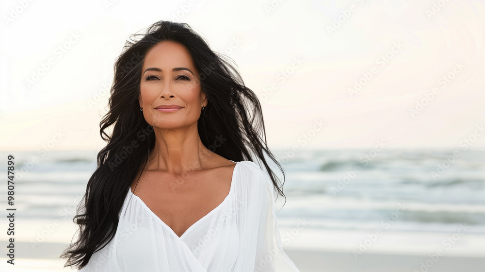 Serene Woman with Flowing Black Hair in White Dress Smiling at Beach during Sunset Serene Woman with Flowing Black Hair in White Dress Smiling at Beach during Sunset