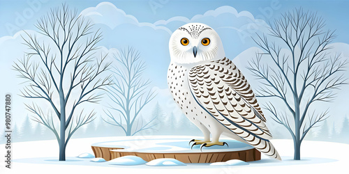 Flat Winter Tree Branches with Snowy Owl Podium and Clear Copy Space for Winter Wildlife Promotions - Ideal Vector Illustration for Business Use photo