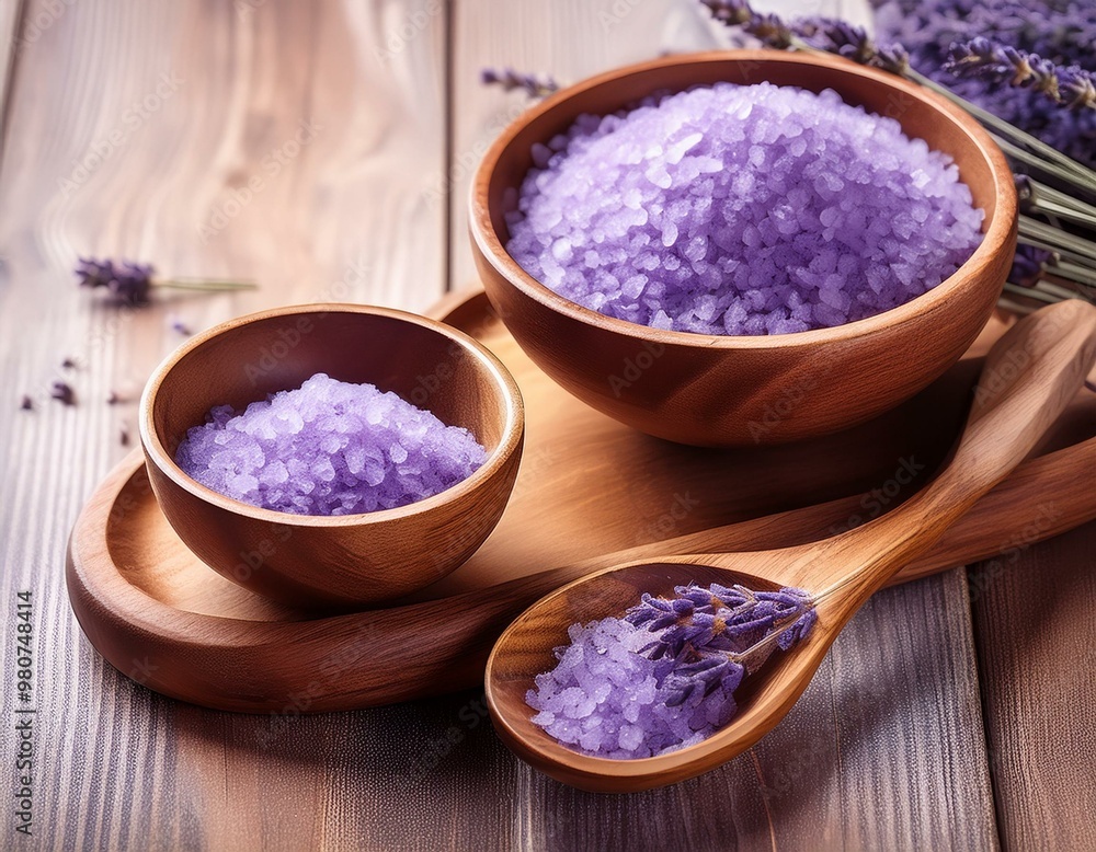 Lavender bath salts in wooden bowls and spoon, symbolizing relaxation and natural wellness Lavender bath salts in wooden bowls and spoon, symbolizing relaxation and natural wellness