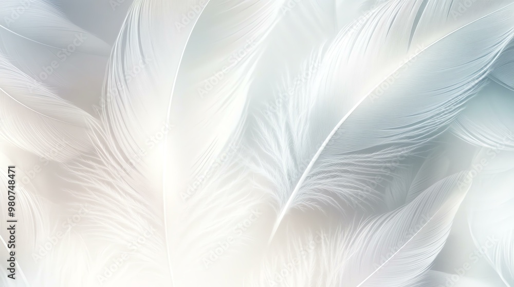 Fototapeta premium Delicate white feathers blend seamlessly against a soft, pastel background, creating a serene and tranquil atmosphere.