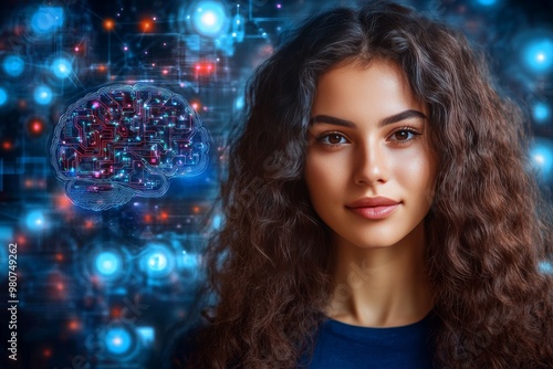 Young woman in front of a digital neural network symbolizing the interaction between human cognition and artificial intelligence in a high tech environment